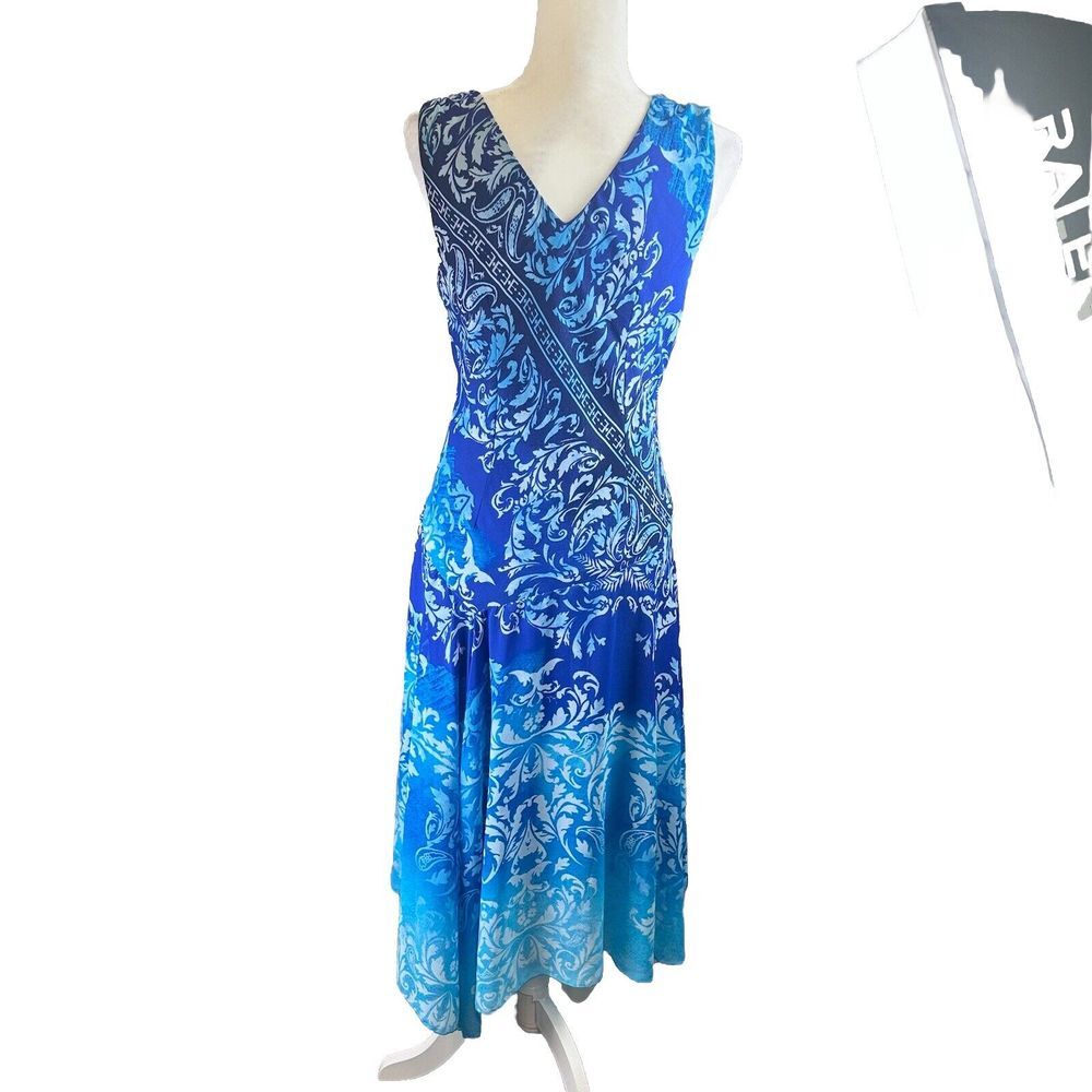 Womens Size 10 Paisley Midi Sleeveless Dress Blue‎ Assymetrical Hem Resortwear - Picture 11 of 16